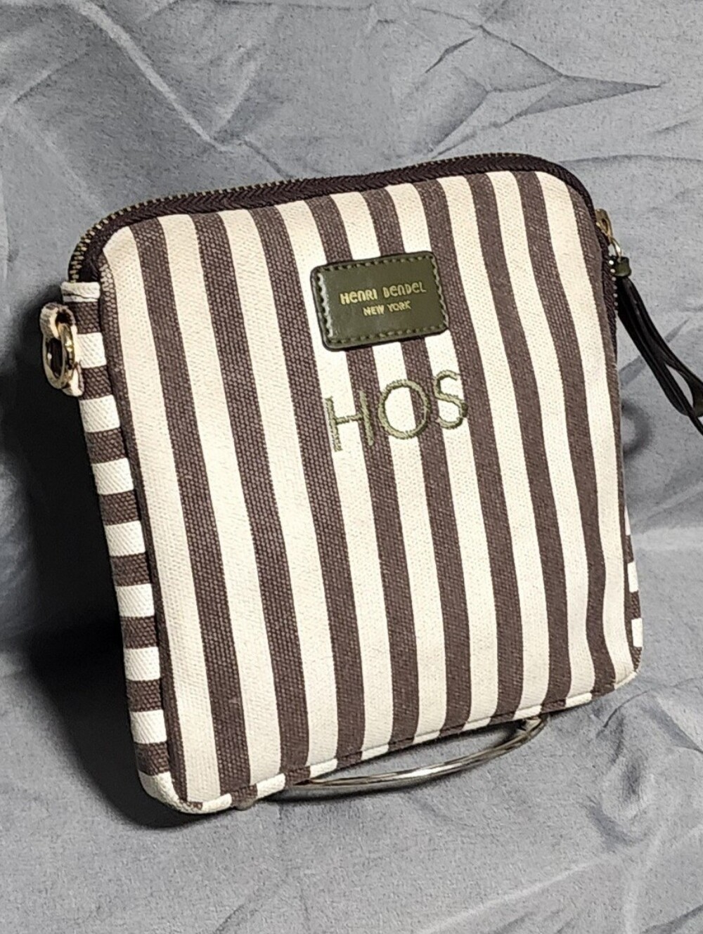 Henri Bendel Brown & White Striped Cosmetic Pouch Toiletry Bag